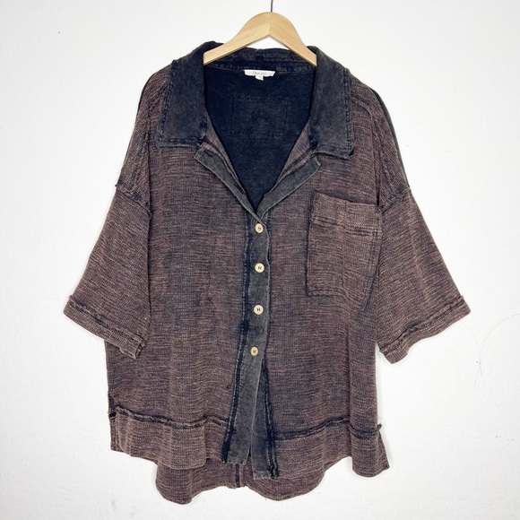 Oli & Hali Black Mixed Mineral Washed Short Sleeve Button Down Shirt Jacket - Picture 6 of 13